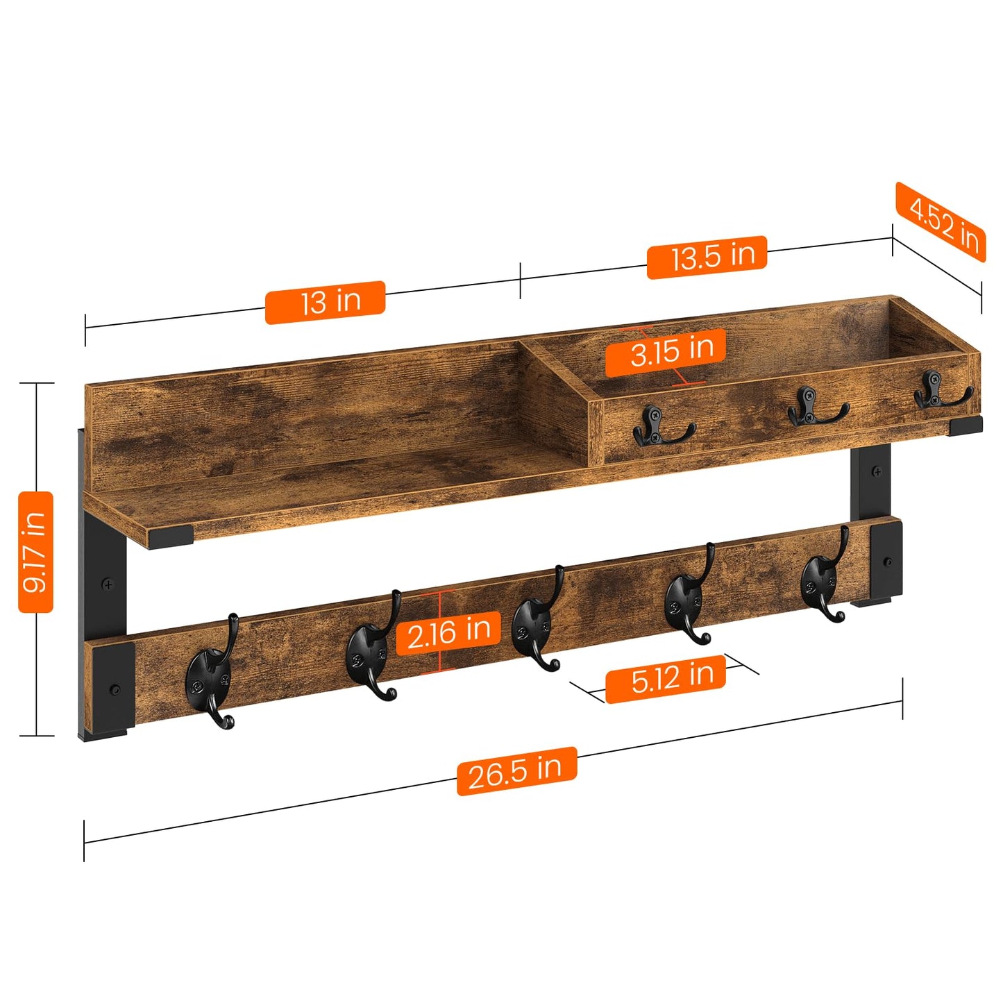 Homode Coat Rack with Shelf, Wall Shelf with Hooks, 26 Inch Long Coat Hanger Wall Mount with Key and Mail Holder, Wood Entryway Shelves for Hanging Hat Jacket Backpack Purse, Rustic Brown Black