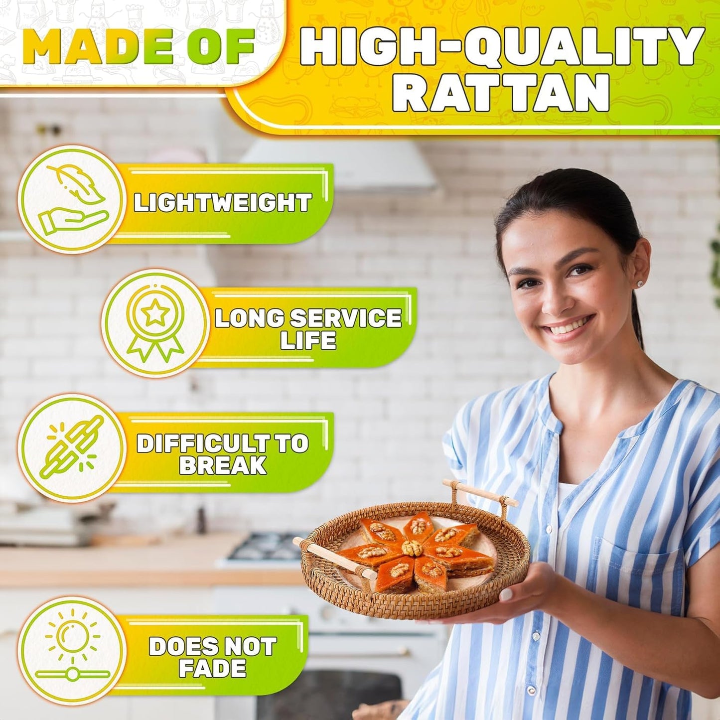 Rattan Tray 8.7-Inch Round – Woven Serving Basket with Handles – Holidays Romantic Decorative Tray for Coffee Table, Bread, Fruit, Vegetables, Restaurant & Home Use Charming Styling Coffee Table Decor