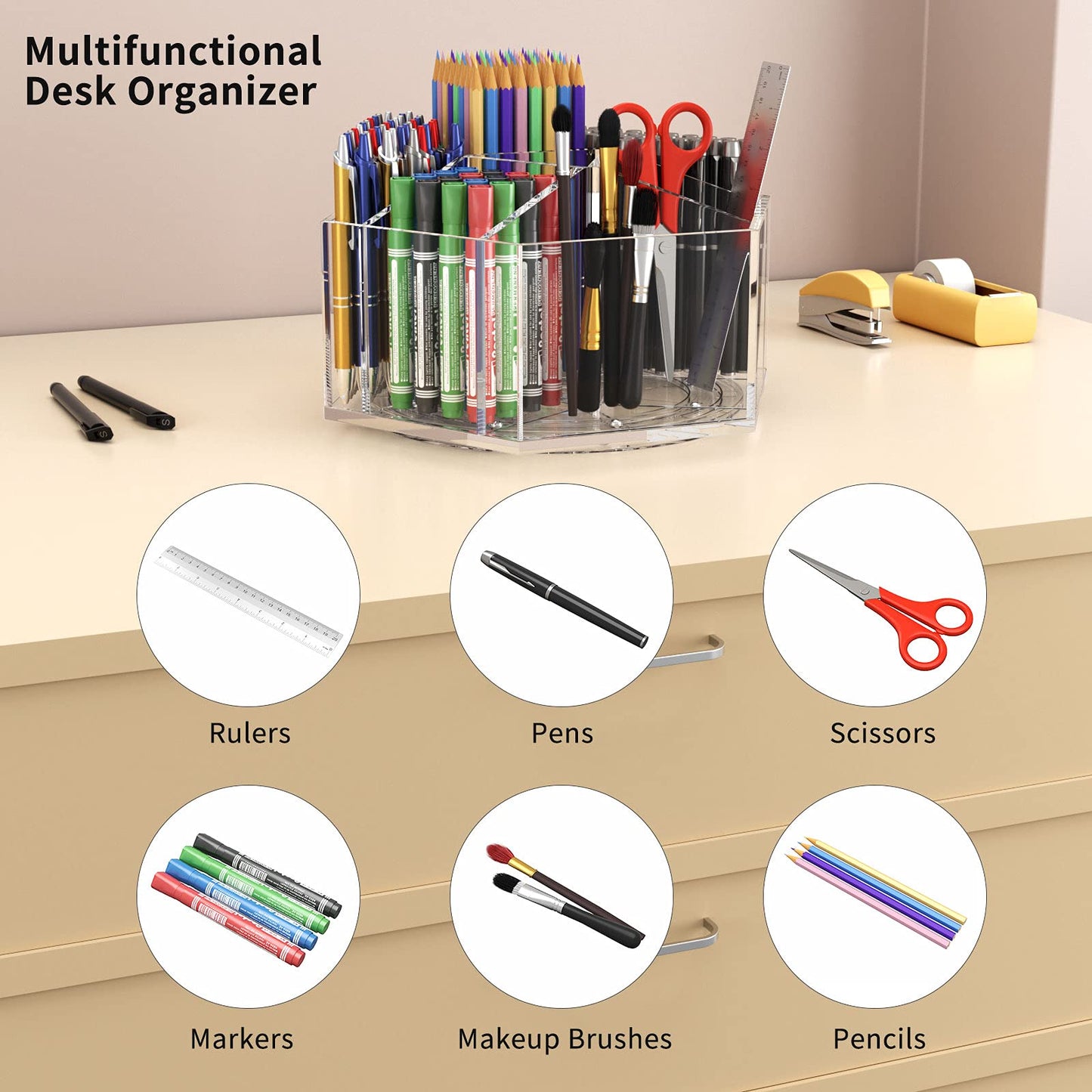 NIUBEE Acrylic Pen Pencil Holder 7 Compartments, Crayon Organizer, Multi-capacity Marker Storage Art Supply Organizer, 360° Rotating Clear Pencil Cup