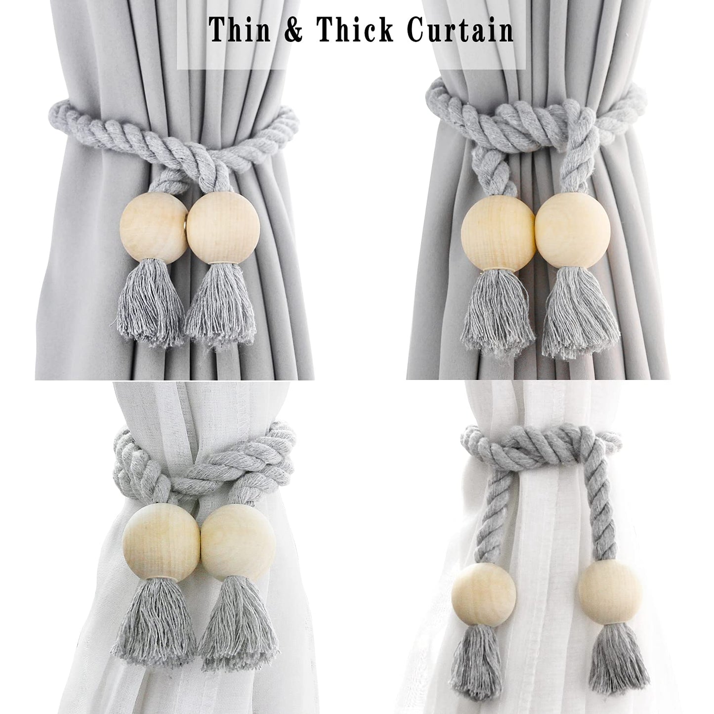 Porlau 4 Pack Grey Magnetic Curtain Tiebacks Cotton Hand Woven Tieback Holdback Decorative Tie Backs for Drapes with Wooden Buckle No Tools Required