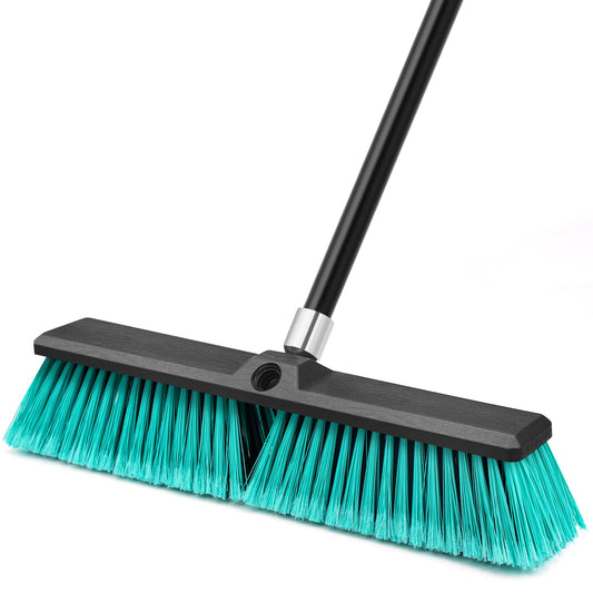 TidyBliss 18” Push Broom Outdoor Heavy Duty, Large Commercial Stiff Bristle Brush with 63 inches Long Handle for Garage Shop Garden Yard Patio Deck Street Warehouse Lawn Driveway (Green)