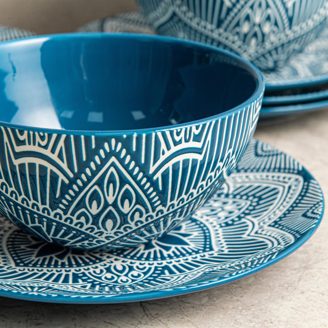 Bzyoo 12-Piece Ceramic Dinnerware Set: La La Mandala Blue Dish Set Design for Every Occasion - Microwave & Dishwasher Safe Stackable Plates Bowls