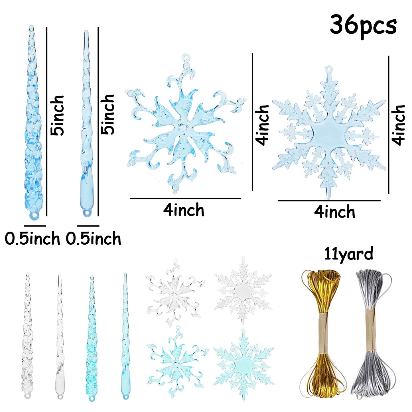 VGOODALL 36PCS Clear Snowflake & Icicle Ornaments, Acrylic Christmas Tree Decorations with Gold & Silver Strings Winter Wedding/Party/DIY Decor