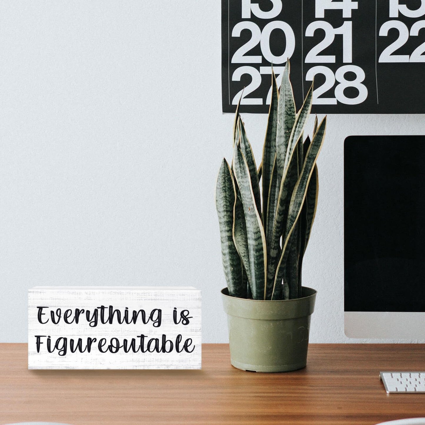 Esur Home Office Desk Decor - Inspirational Farmhouse Wooden Box Sign - Everything is Figureoutable(White)