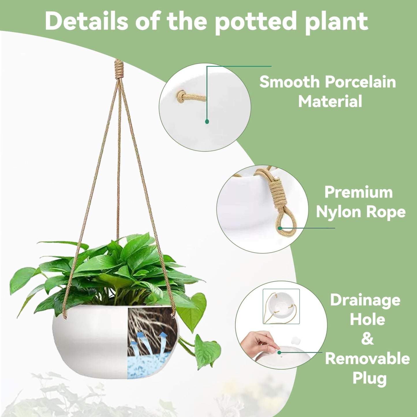TIGKHAE Ceramic Hanging Planters for Indoor Outdoor Plants,8 in Modern Plant Pot Round Porcelain Hanger Basket with Rope Hanging Plant Holder Drainage Flower Pot for Herbs Ferns Ivy Pothos,White