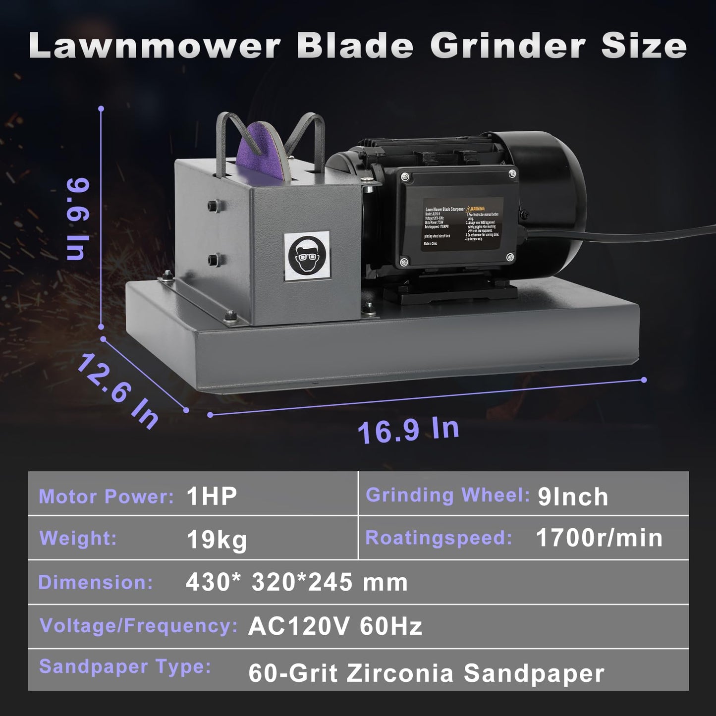 2026 Upgrade Lawn Mower Blade Sharpener, 1HP 750W Mower Grinder with 9-inch Ceramic Grinding Disc, 2 Pack-9'' Sanding Paper and 40° Bracket for High/Low Lift, Gator & Flat Blades Sharpen