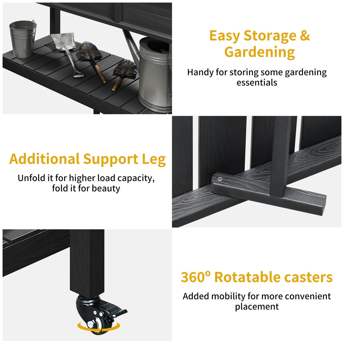 DWVO Raised Garden Bed HDPE with Wheels & Legs, 47x18x31in Weather-Resistant Poly-Wood Elevated Planter Box Outdoor, Double Tier Planters for Patio Balcony Backyard, Black