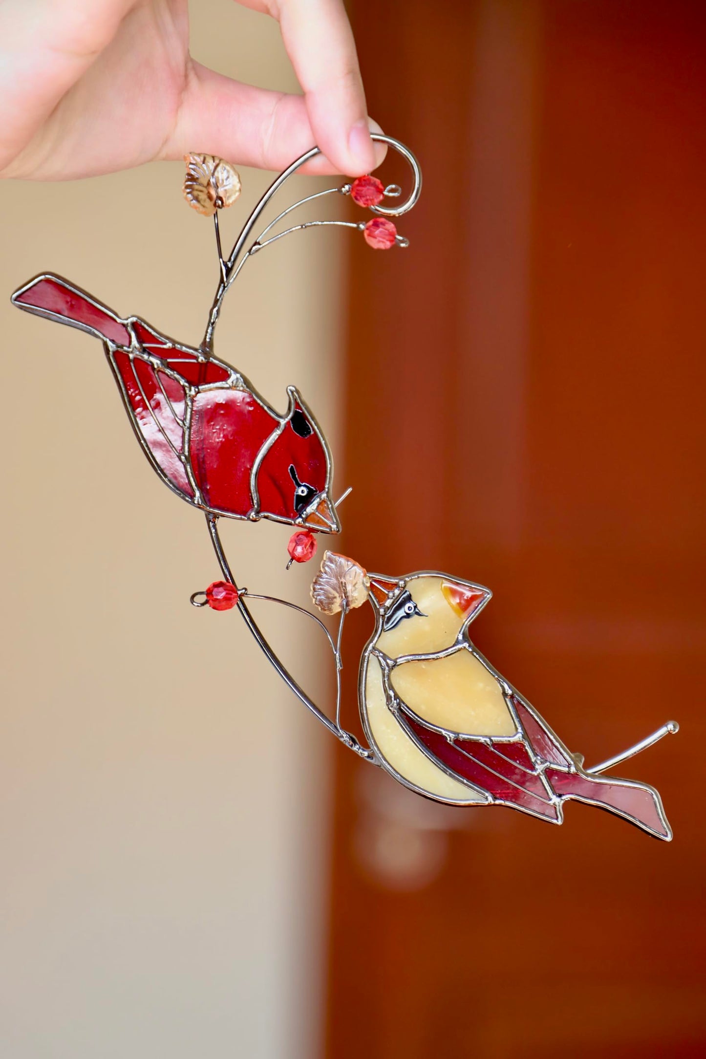 Handmade Cardinal Stained Glass Suncatchers Window Hanging Ornament for Christmas,Memorial Gifts for Women,Red Birds Sun Catcher Decora,Bird Lover Gifts,Real Glass Unique Design