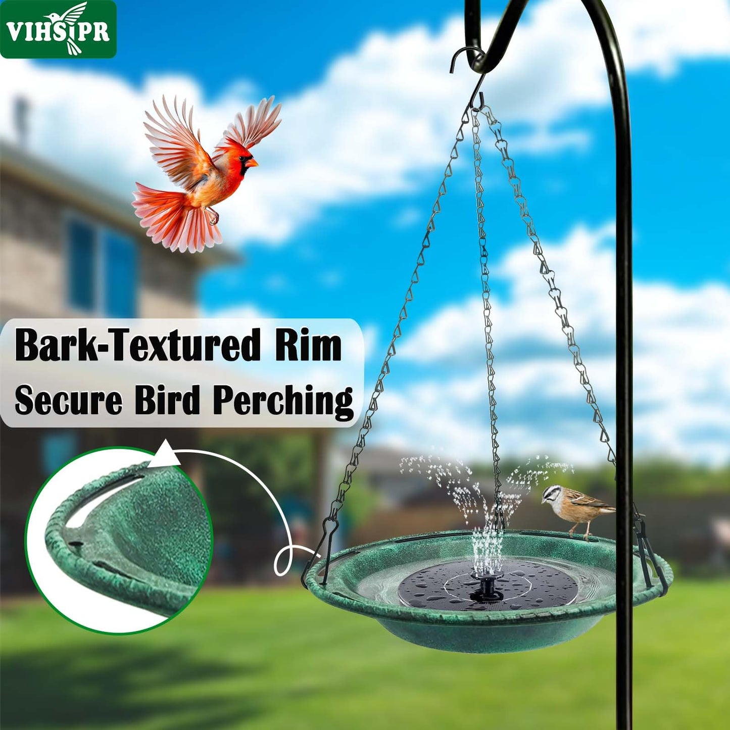VIHSIPR Hanging Bird Bath & Feeder Bowl, 12 in Outdoor Bird Bath with Chains, Backyard Garden Decor, Durable Weather-Resistant PP, Antique Green – 1 Pack