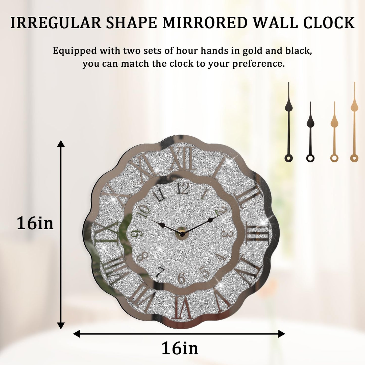FEUFOAM Crushed Diamond Mirrored Wall Clock Silver Modern Crystal Clocks for Bedroom Unique Home Decorative Glass Mirror Hanging Clock for Living Room Office Dining Decor