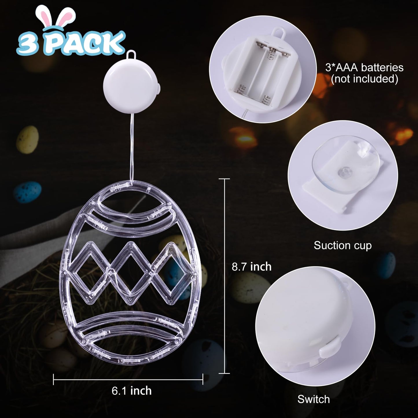 LYUBASA 3 Pack Easter Window Lights Decorations with Timer, Battery Powered Hanging Pink Yellow Blue Lighted Egg Shaped Sucker LED Lamp for 2026 Holiday Indoor Home Decor