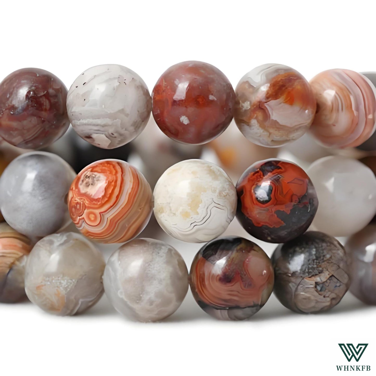 WHNKFB 8mm 50PCS Natural Red Crazy Lace Agate Round Beads, Mexican Fire Banded Loose Stone Beads for Jewelry Making Craft - 6mm 8mm 10mm Options with Free Elastic Cord