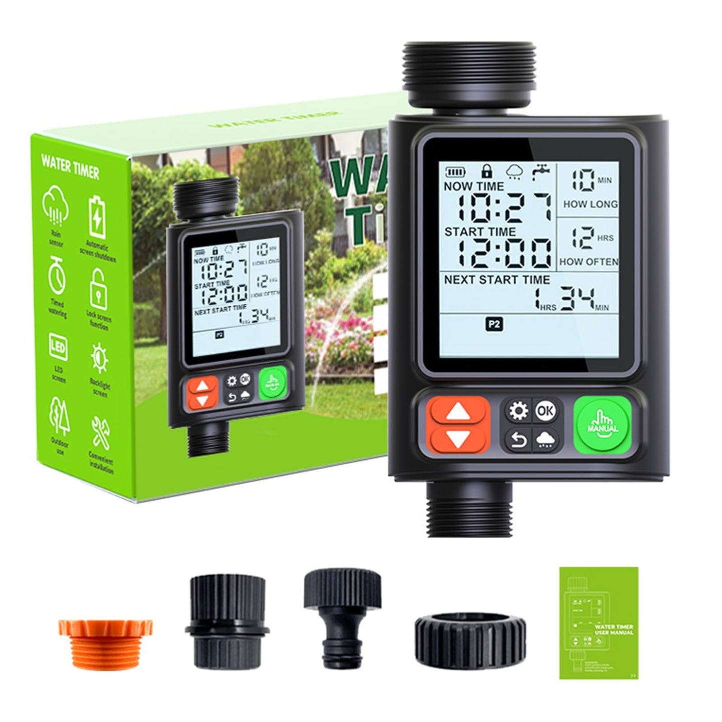 Sprinkler Timer for Garden Hose, Upgrade 10 Program Water Timer with Auto Rain Delay, IP54 Waterproof 3.3“ Large LCD Drip Irrigation System Timers for Plant, Yard, Lawns, Outdoor