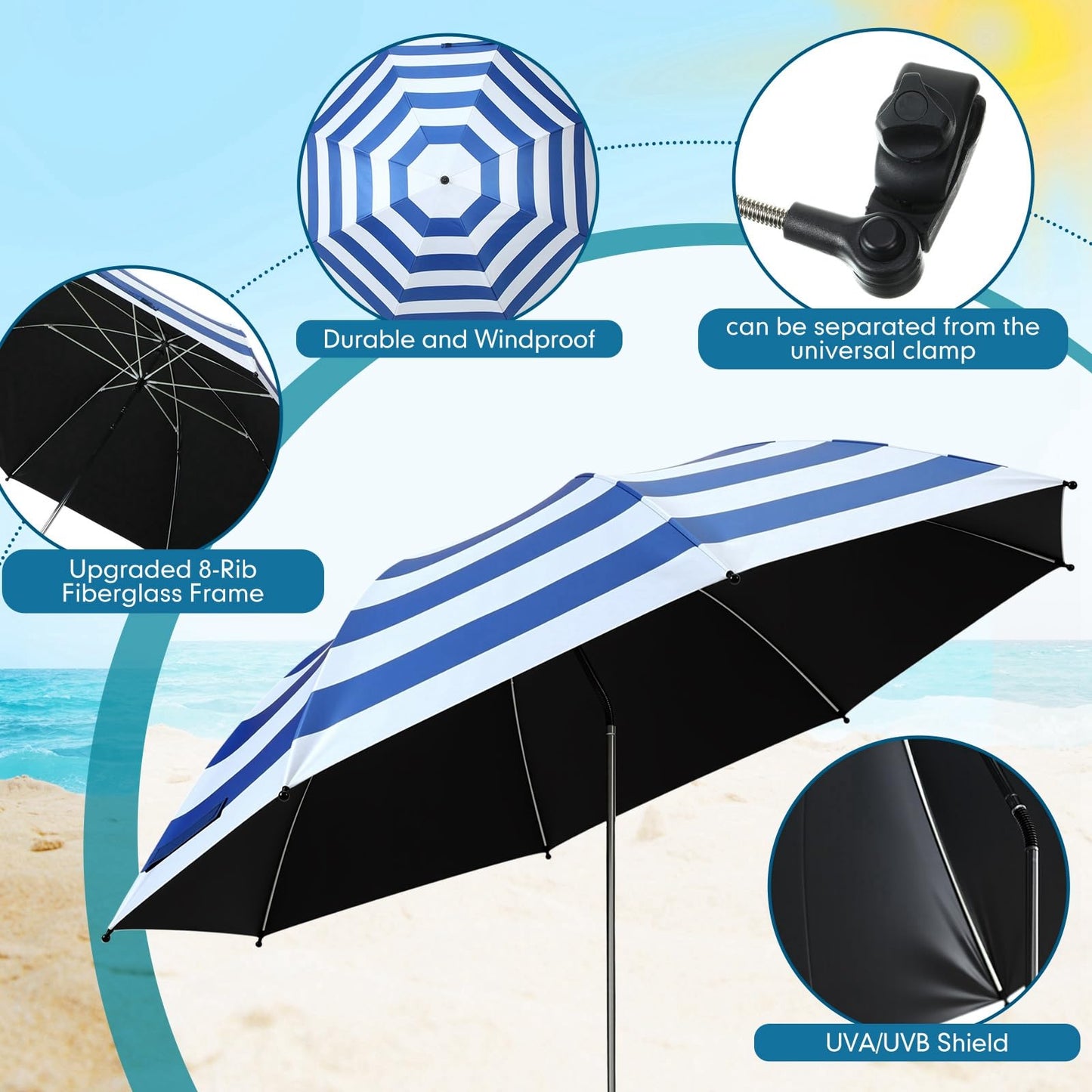 Breathffy 2 Pcs Beach Umbrella with Clamp UV Protection 48 Inch Adjustable Umbrellas for Chair with 360° Universal Clamps for Beach Camping Stroller Wheelchair, Chair Not Included(Blue Stripes)