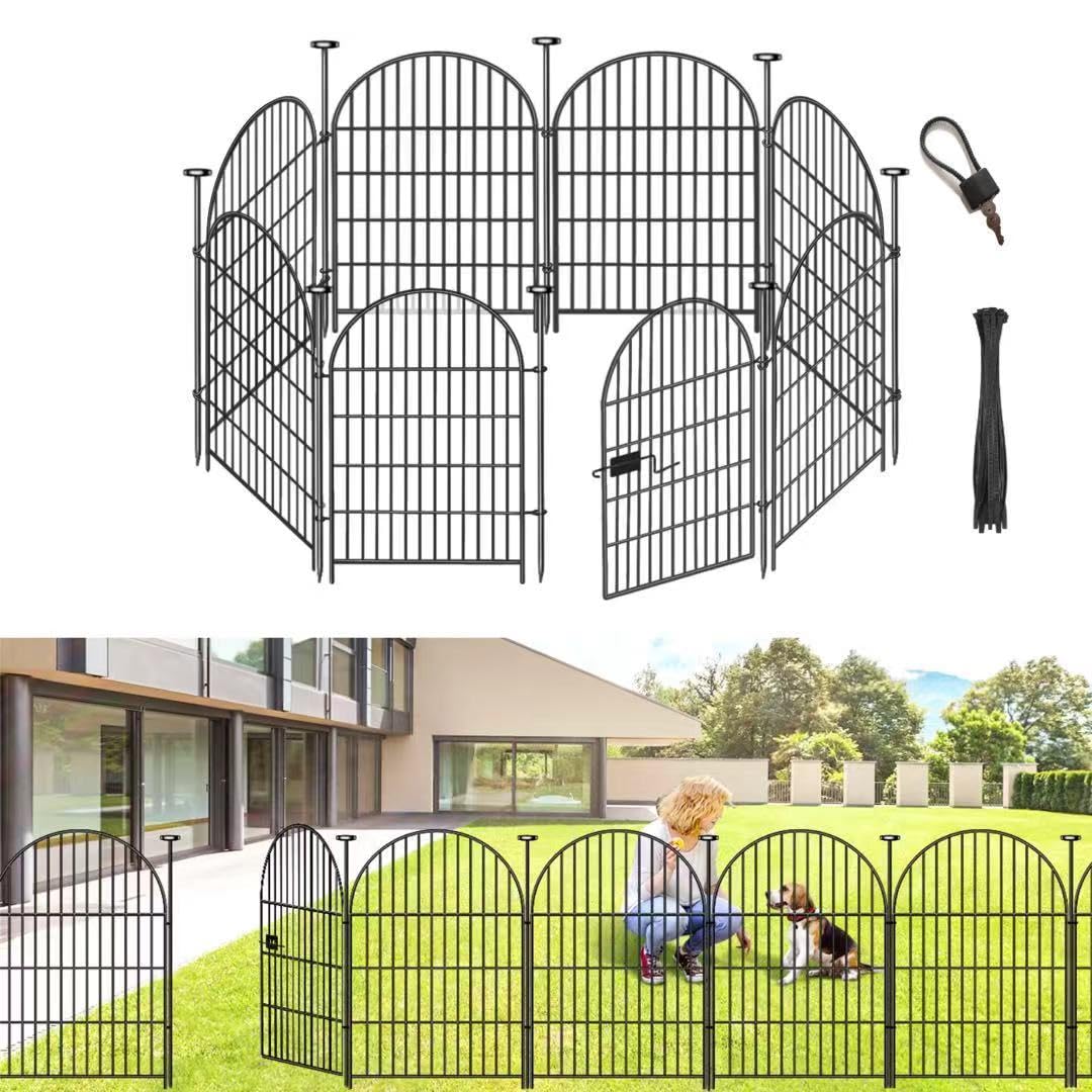 ADAVIN Garden Fence Animal Barrier with Gate 40 in(H)×17.5 Ft(L) 8 Panels,Rustproof Metal Wire Tall Fencing Border for Dogs Rabbits,Outdoor no dig pet Fences,Black Flower Edging for Yard,Arched