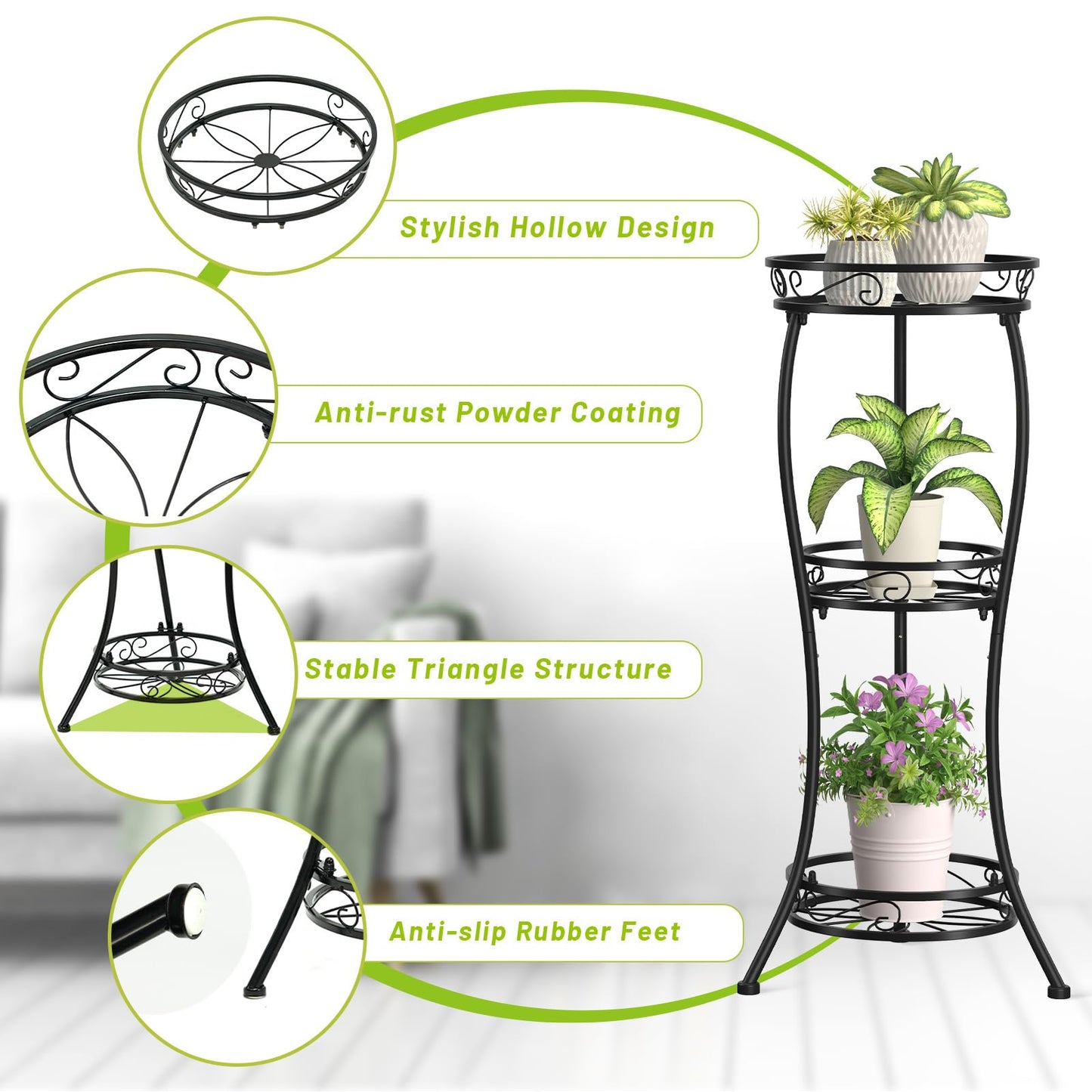 KMOTASUO 3 Tier Tall Metal Plant Stand, 33 Inch Plant Stands Indoor Outdoor, Rustproof Iron Flower Pot Holder Display Rack for Corner Patio Garden Balcony Living Room(Black)