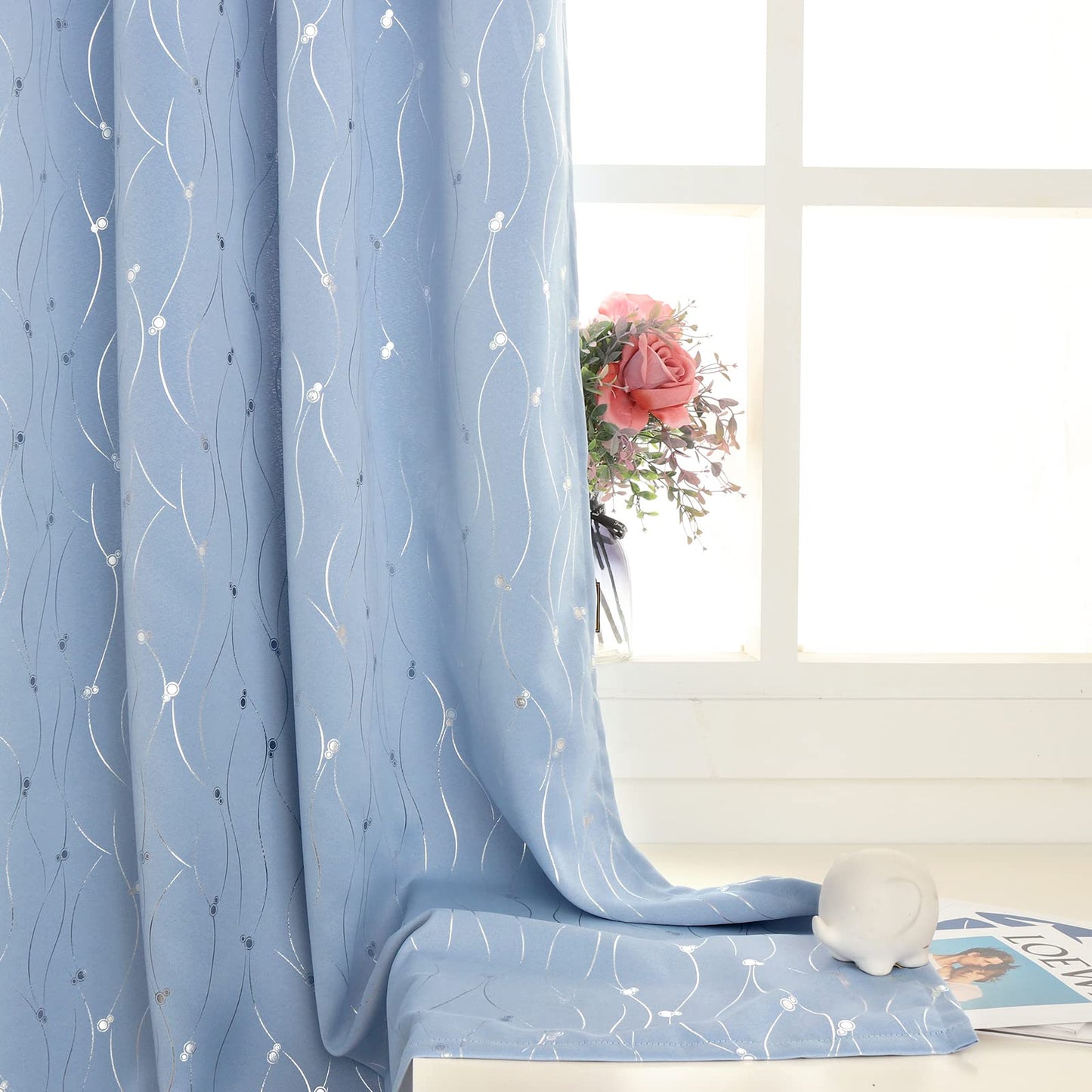 BGment Room Darkening Curtains 63 Inches Long, Grommet Thermal Insulated Blackout Curtains with Wave Line and Dots Printed for Bedroom, 2 Panels, Each 42 x 63 Inch, Light Blue