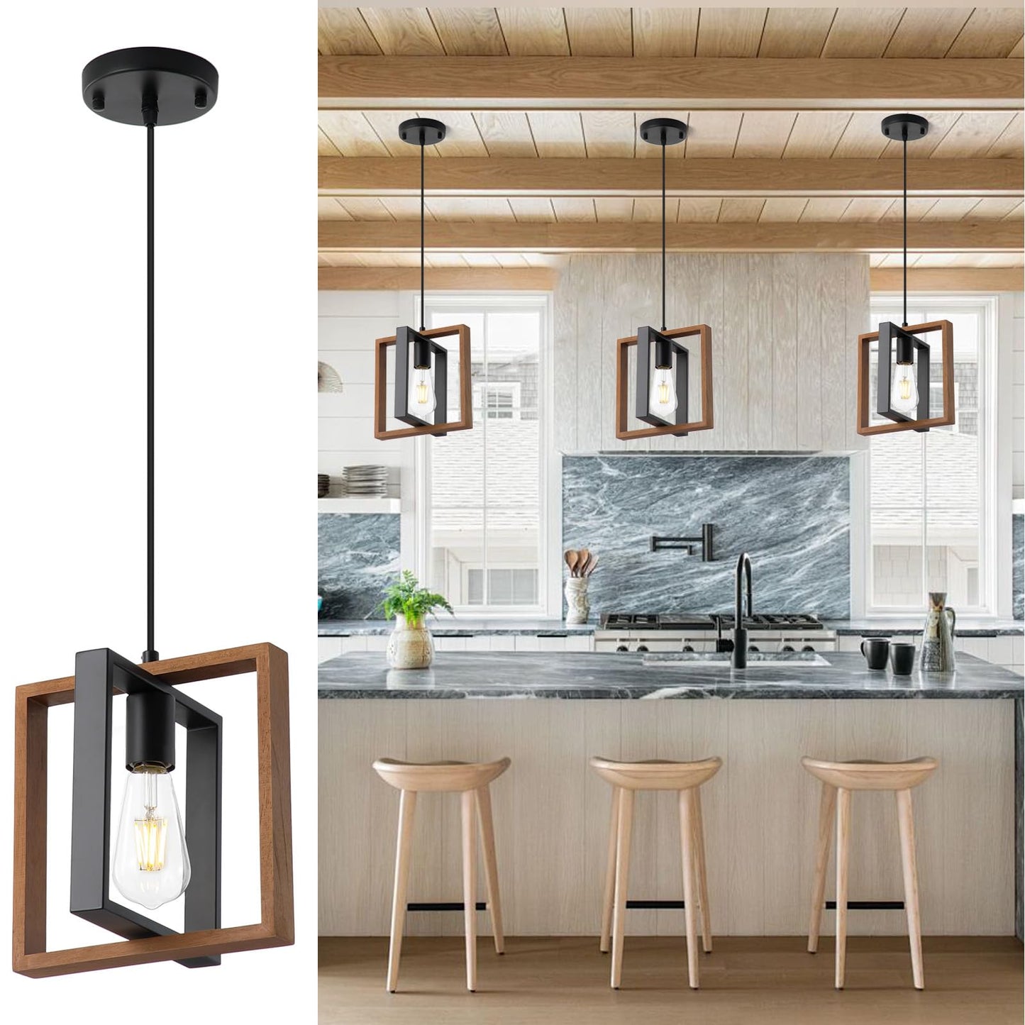 9MMML Industrial Small Pendant Lighting, Farmhouse Kitchen Island Hanging Lamp with Cord, Wood+Metal,1 Light E26 Fixture for Dining Room Bedroom Hallway Entryway,9.5 inch