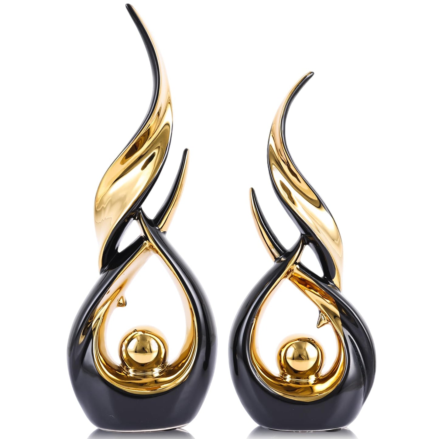XMGZQ Gold Ceramic Abstract 2 Piece Statue Set,Mid Century Modern Abstract Art Home Decor Statue Mantelpiece on Unique Shelf Decor, TV Cabinet Divider Table top and Dining Table Centerpiece (Black)