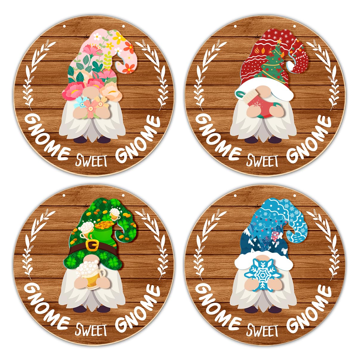 Interchangeable Gnome Welcome Sign Summer Patriotic 4th of July Door Decoration, Changeable Seasonal Front Porch Decor Wood Wreath Gnome Gifts for Spring Fall Winter All Seasons Holiday, Light Brown