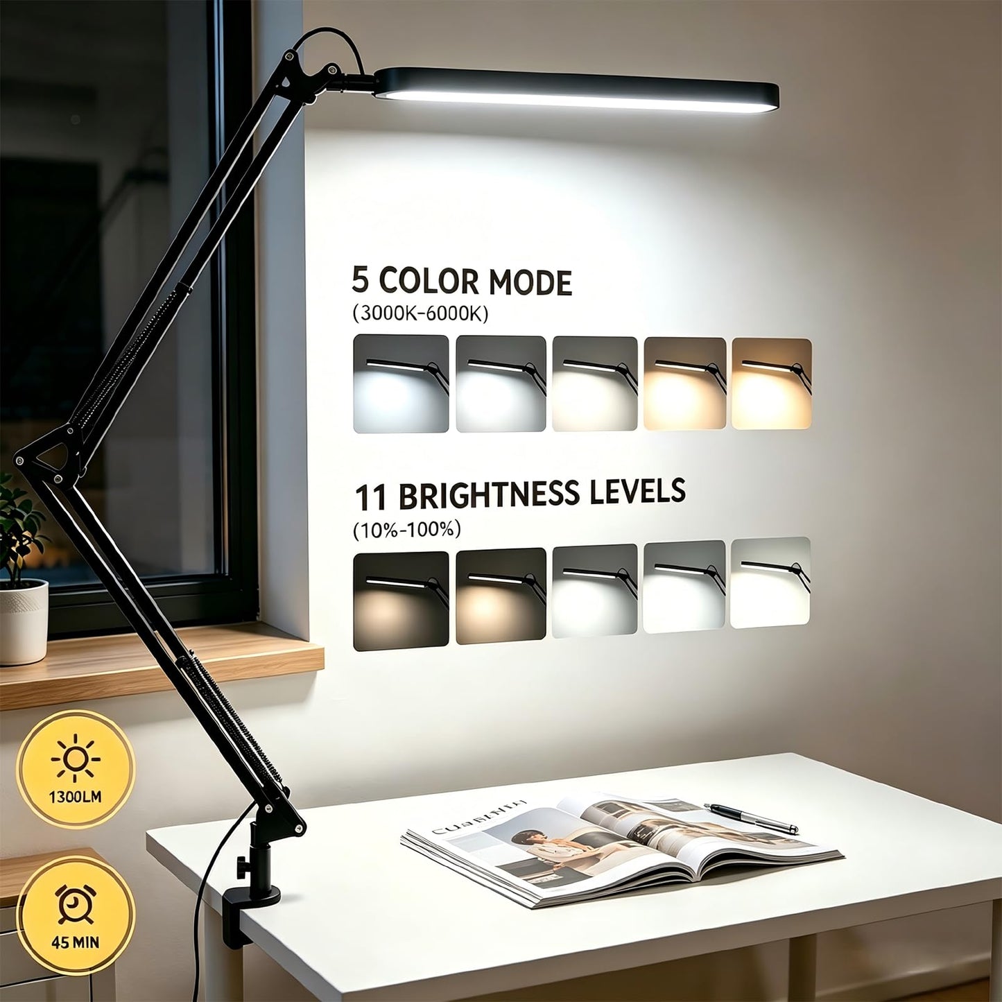 SKYLEO Desk Lamp for Home Office, Eye Comfortable LED Desk Light for Long Hours, Adjustable Swing Arm with Memory Function, Black