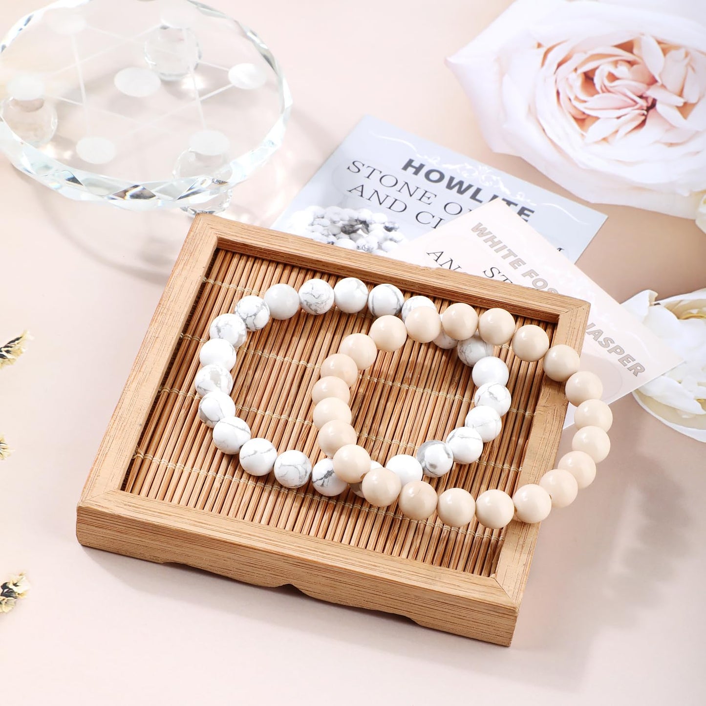 NCB 2-Piece 8mm Natural Crystal Gemstone Stretch Bracelets – ﻿Howlite, White Fossil Jasper Handmade Reiki Energy Healing Jewelry for Meditation,Yoga, Unisex