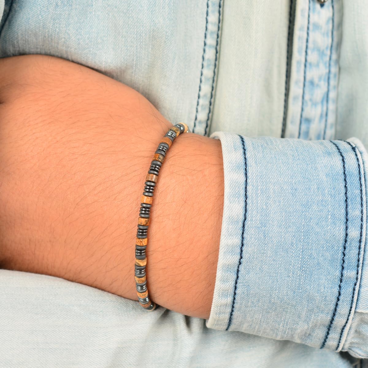 Casvia Picture Stone Beaded Bracelet for Men, Adjustable Hematite Stainless Steel Chain, Durable Mens Jewelry for Daily Wear, Ideal Gift for Father, Boyfriend, Husband