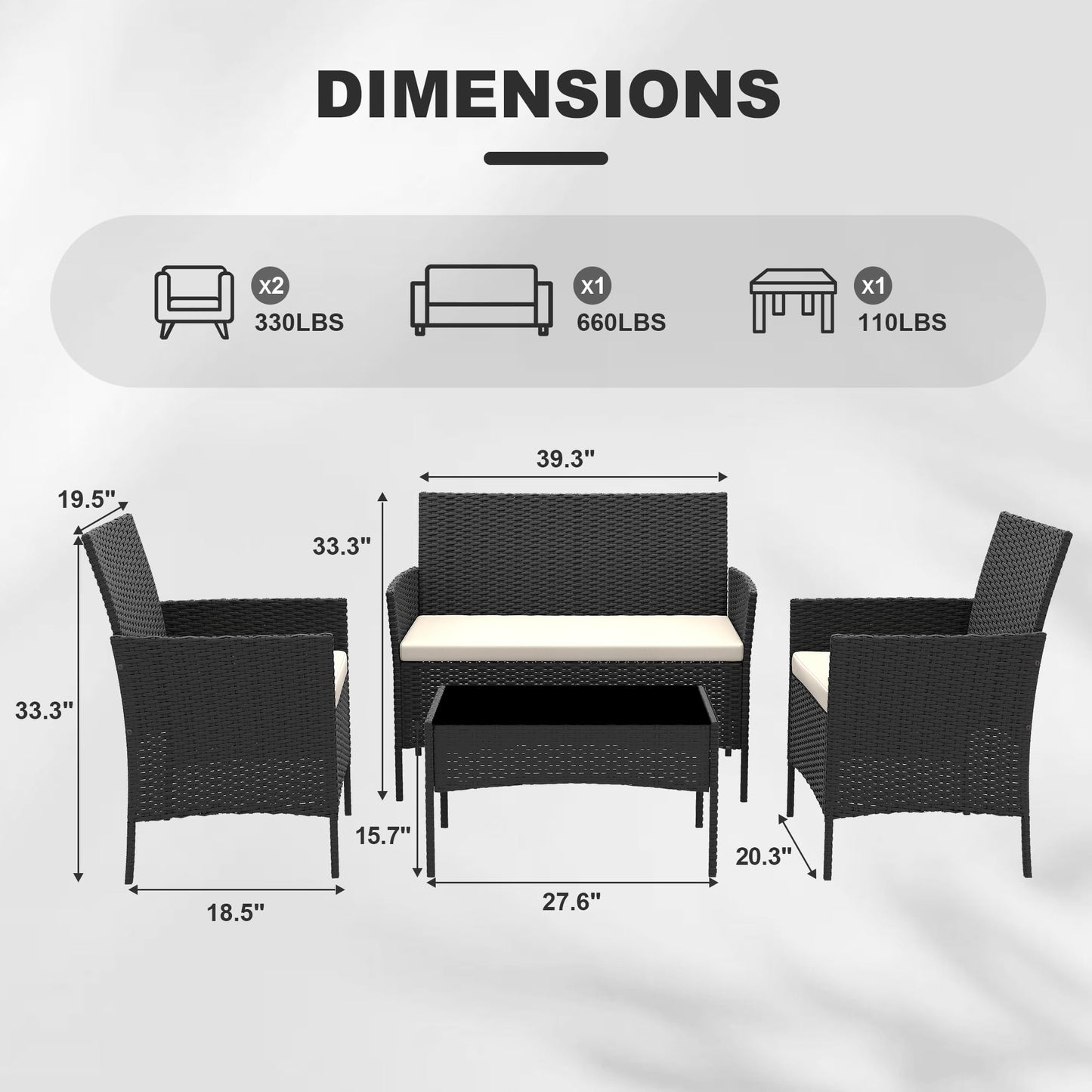 GAOMON 4 Piece Patio Furniture Set, Modern Patio Conversation Set with Glass Coffee Table, PE Wicker & Cushions for Poolside, Deck, Balcony, Black & Beige