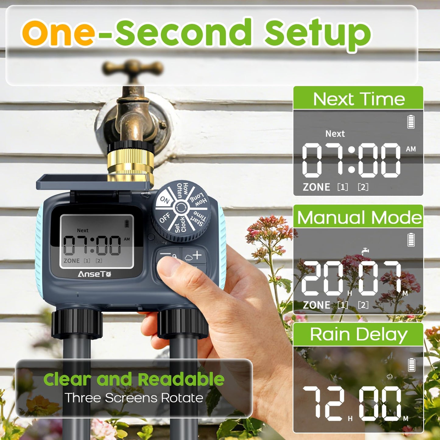 AnseTo Solar Sprinkler Timer,Brass Inlet Hose Timer for Garden Hose,Programmable Water Timers,Plant Watering Devices,Garden Watering System, Rain Delay/Manual/Automatic Irrigation System, 2 Outlet