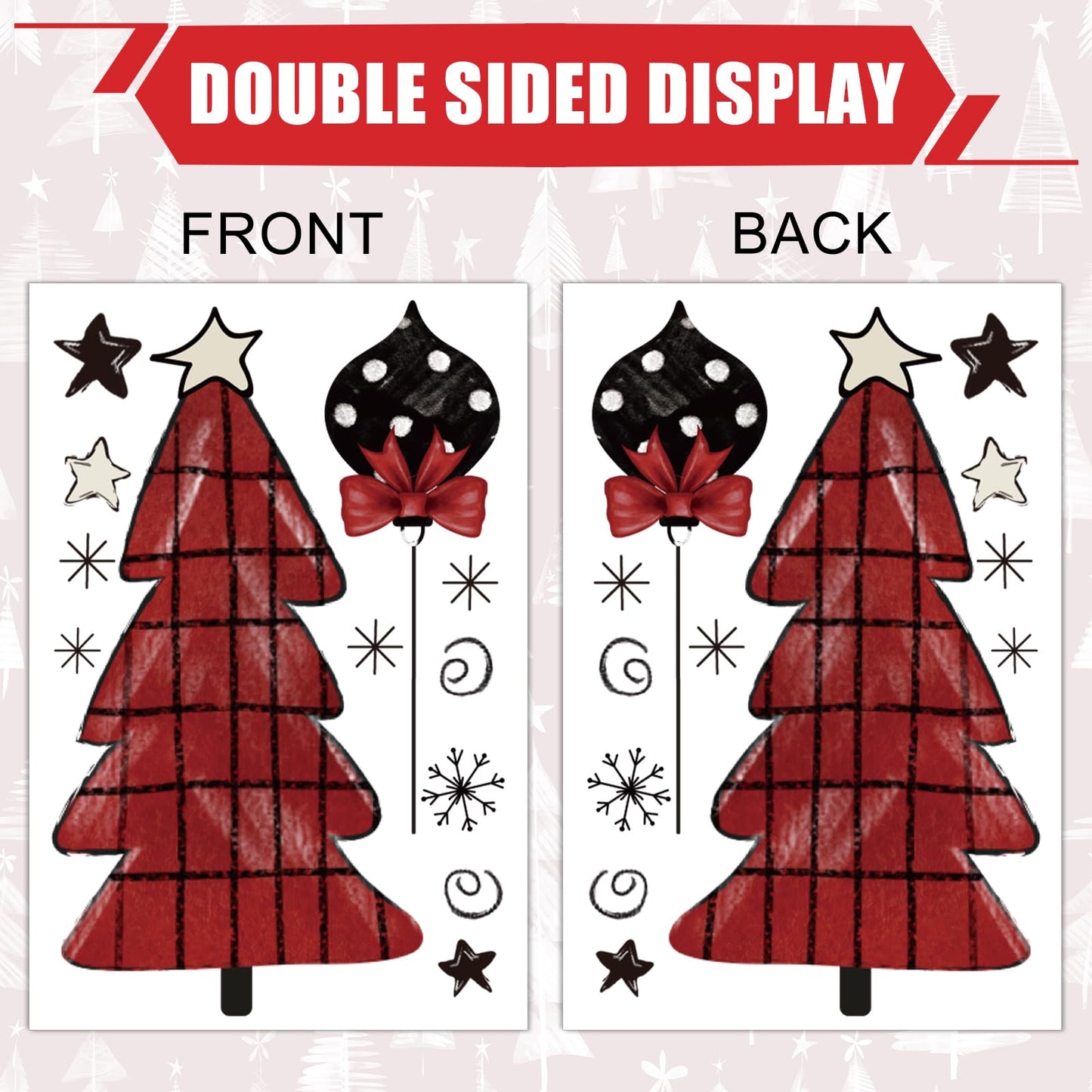 Whaline 9 Sheets Merry Christmas Window Clings Red Black Xmas Tree Ball Snowflake Window Stickers Plaid Polka Dot Design Double-Side Glass Decals for Home Party Decorations, 7.9 x 11.8 Inch