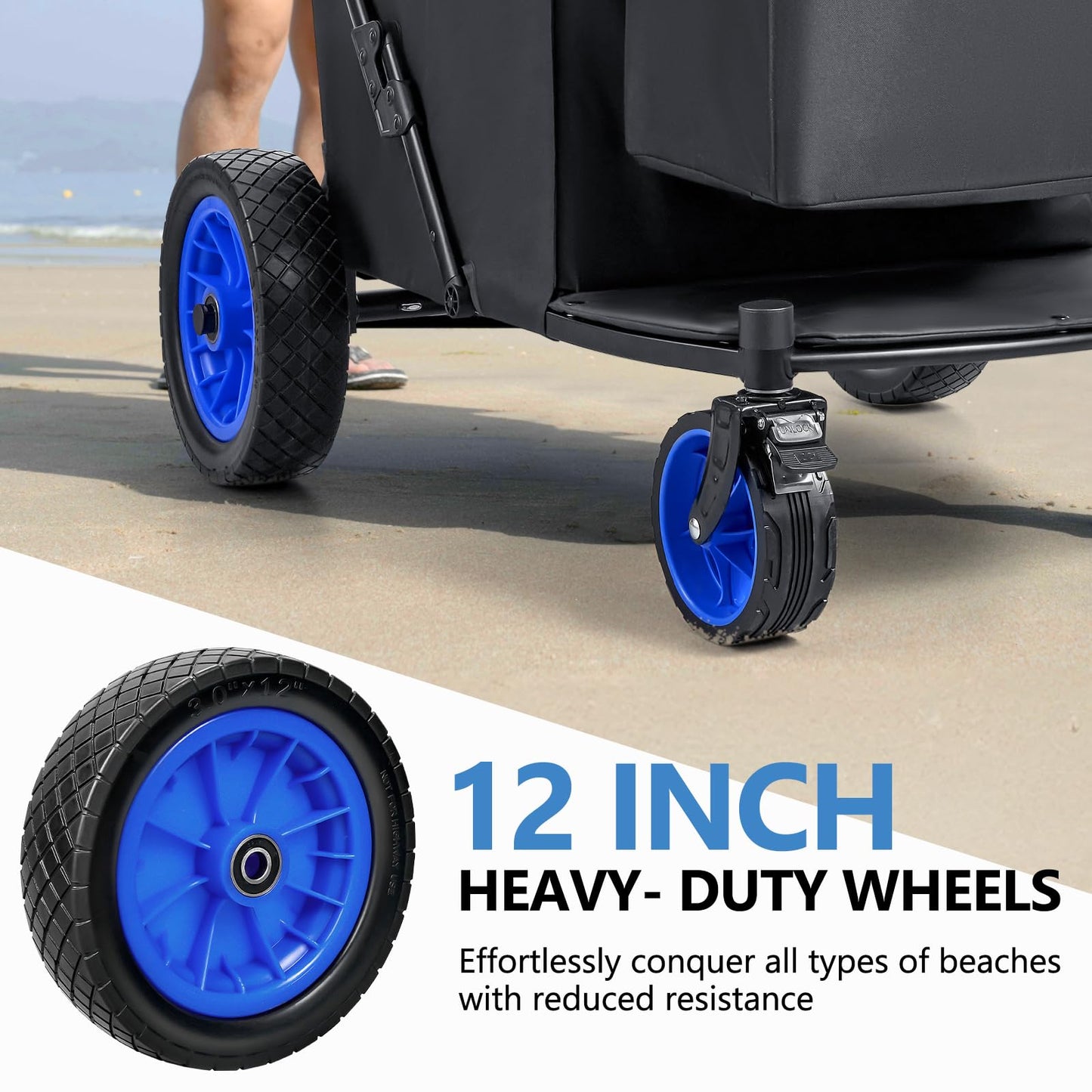 KEDSUM 11.3 Cu.Ft. 400LBS Large Capacity Beach Wagon with Big Wheels for Sand, 12" Rubber Wheels Beach Cart, Heacy Duty Collapsible Wagon for Sand, One-Click Foldable