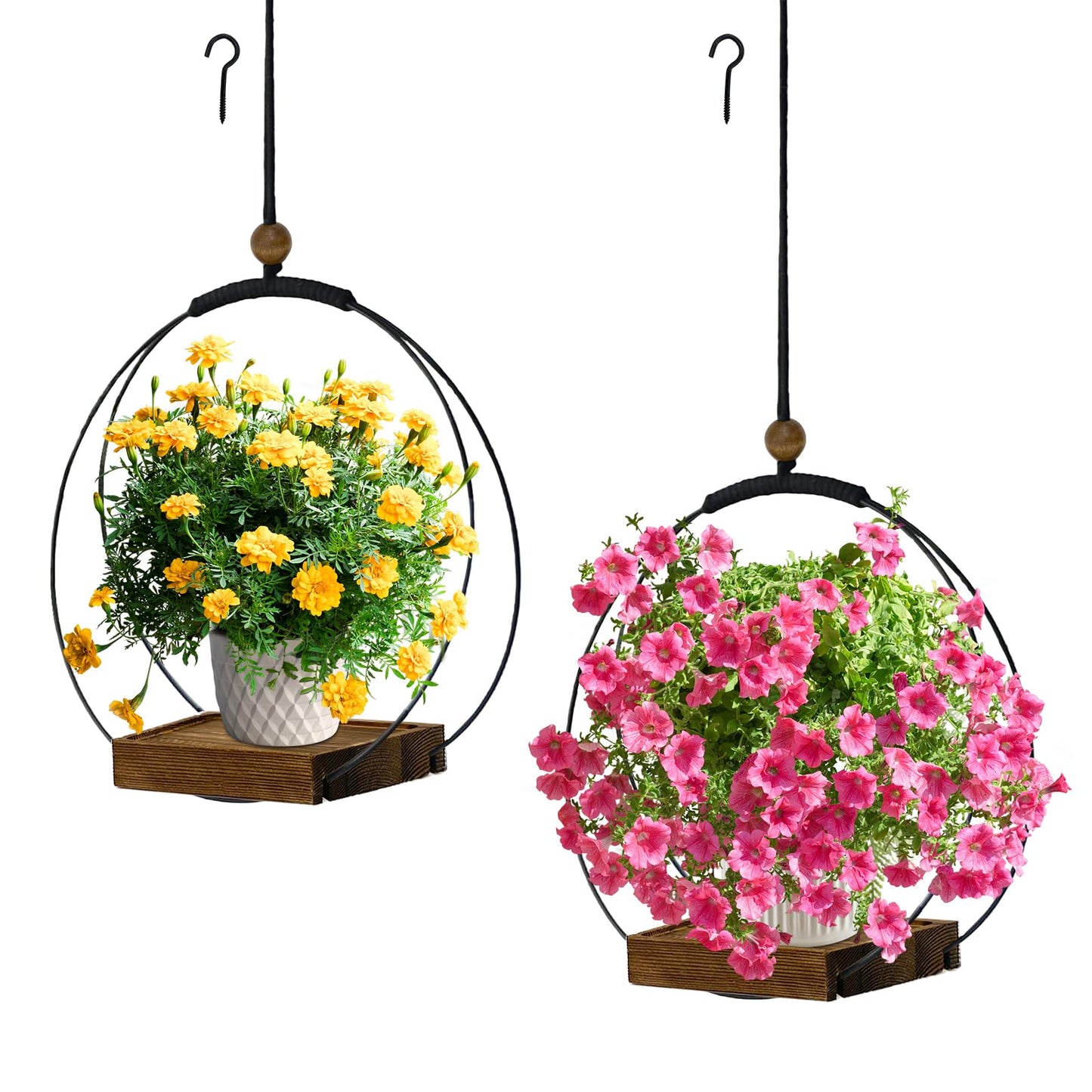 hismocal 2 Pack Hanging Planter for Indoor Plants, Black Plant Hanger with Sturdy Wood Base, Modern Boho Macrame Hanger, Wall Ceiling Window Planter (Plants/Pots Not Included)