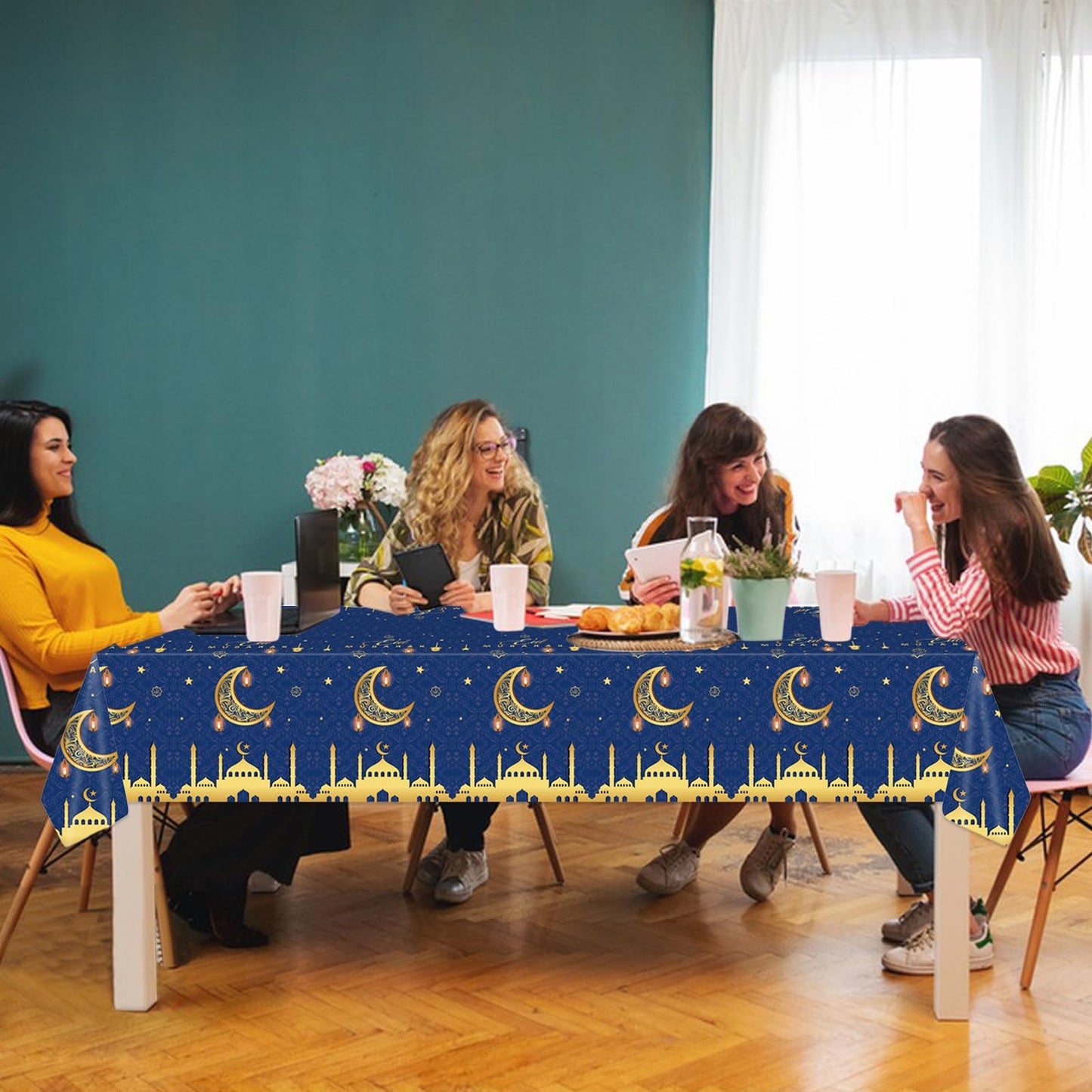 2PCS Eid Mubarak Tablecloths Ramadan Mubarak Table Cloths Eid Al-fitr Disposable Table Cover Islamic Eid Mubarak Decorations Moon Star Lantern Plastic Rectangle Tablecloth for Dinner Picnic 54"x108"
