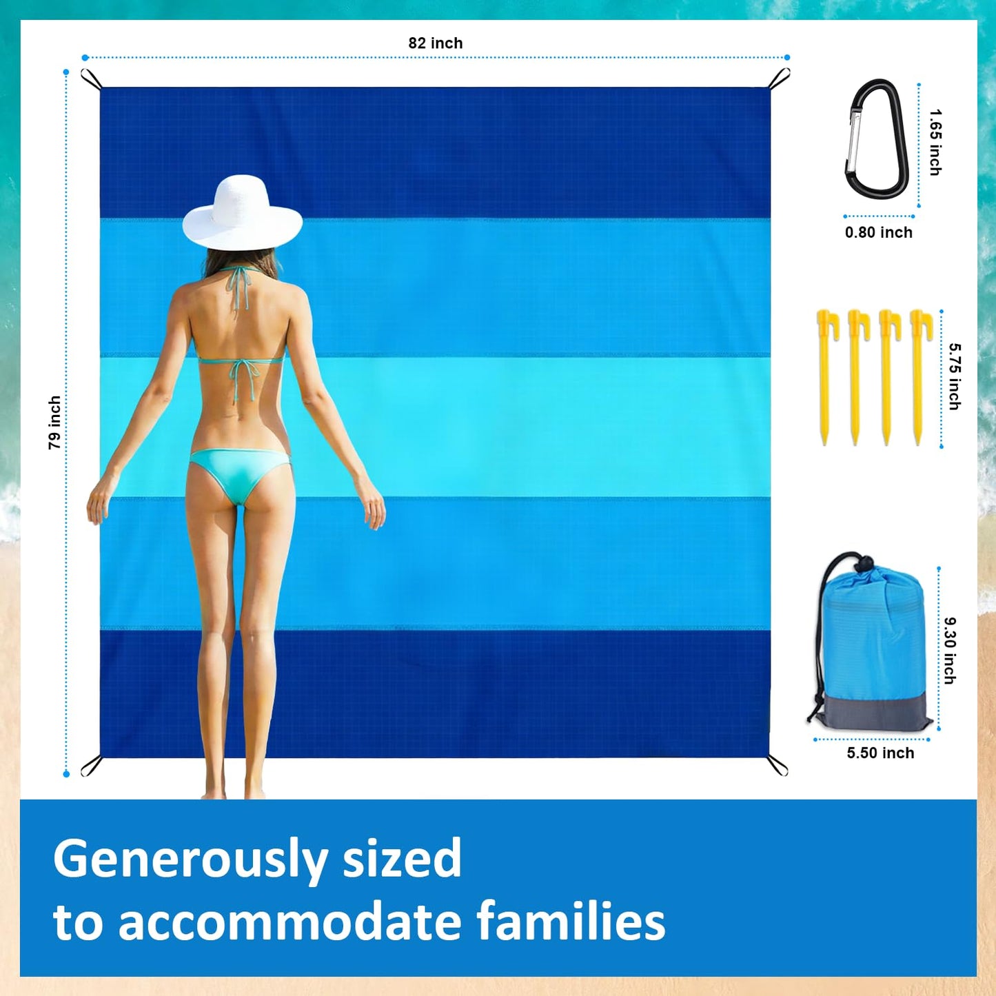 PLACHIDAY Beach Blanket Sandproof - Extra Large Beach Mat Waterproof Sand Free Mat, Quick Drying Durable Camping Blanket for Outdoor Picnic, Travel, Camping, Hiking - 79''x83'' with Stakes & Hook