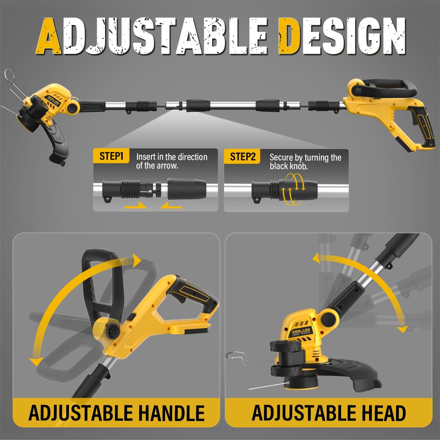 ZEGJAW 12 Inch 20V Cordless String Trimmer and Edger, 2-in-1 Weed Wacker Lawn Edger with 2x2.0Ah Battery and Charger, Battery Powered Grass Cutter with Auto Line Feed and 8pcs Line for Yard, Garden