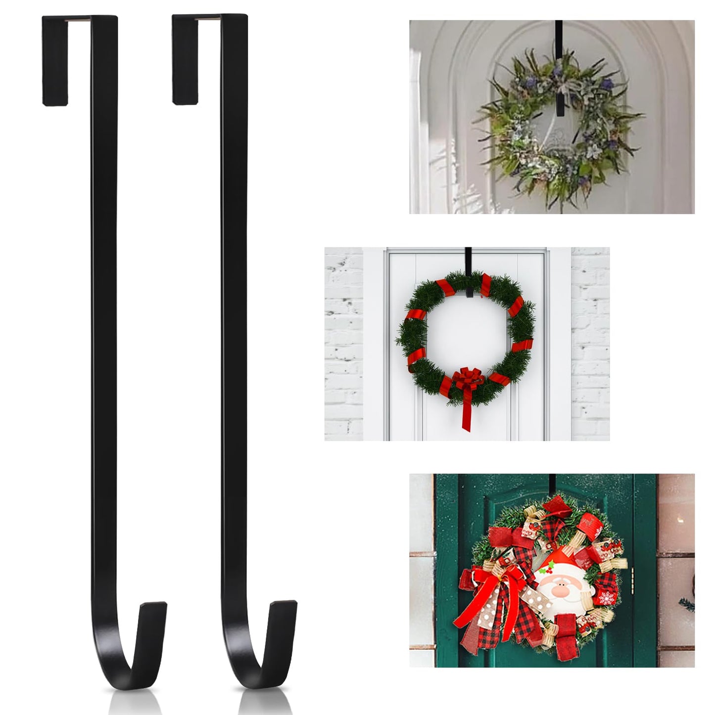 PECULA 2 Pack 14' Wreath Hangers for Front Door, Wreath Hanger 40lb Load-Bearing, Metal Wreath Hanger for Welcome Sign, Door Decorations (Black)