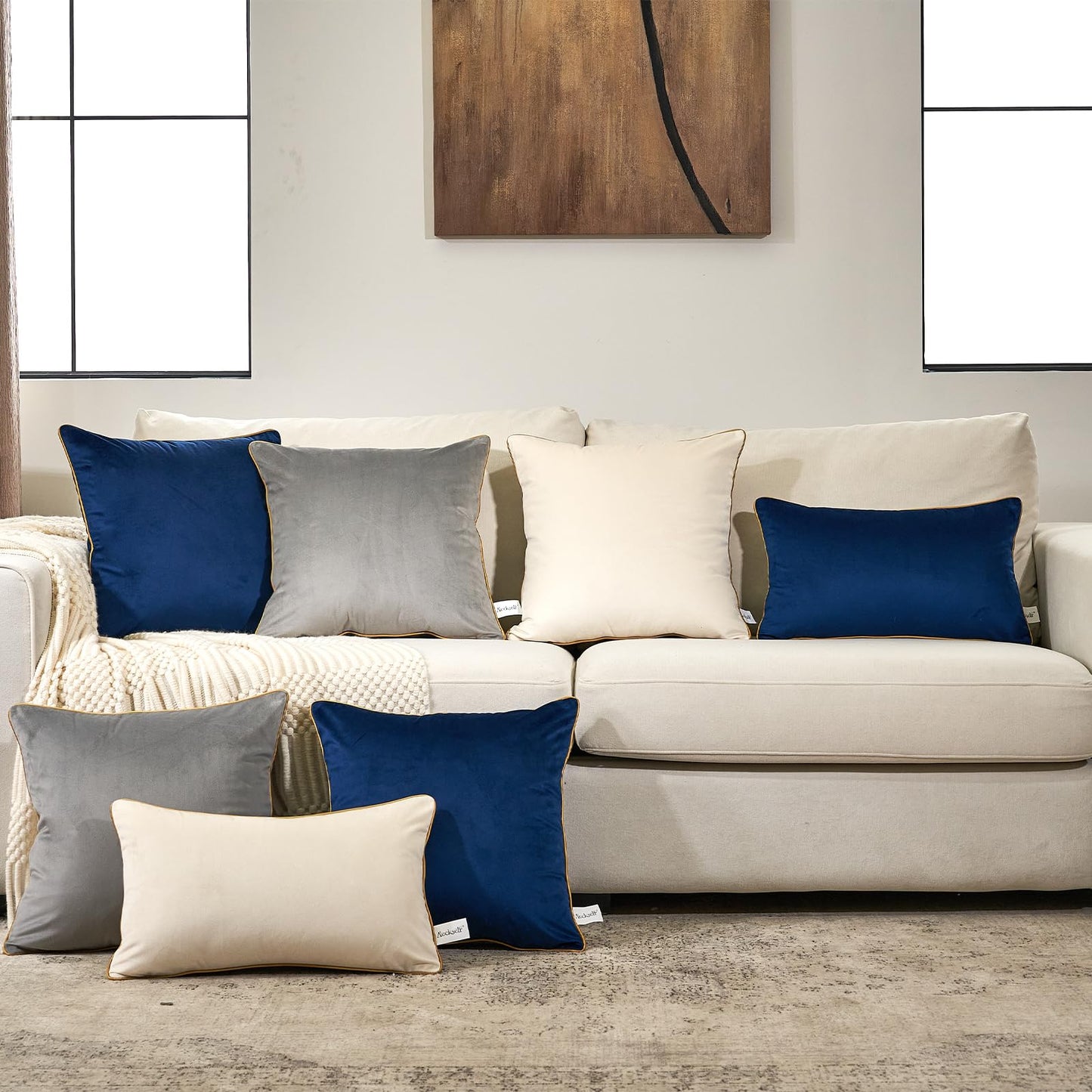 Aeckself Pack of 2 Gray Velvet Pillow Covers 18 x 18 Inch, Modern Luxury Decorative Pillowcase with Gold Trim Edge, Comfortable Soft Solid Cushion Case for Couch Bedroom Living Room