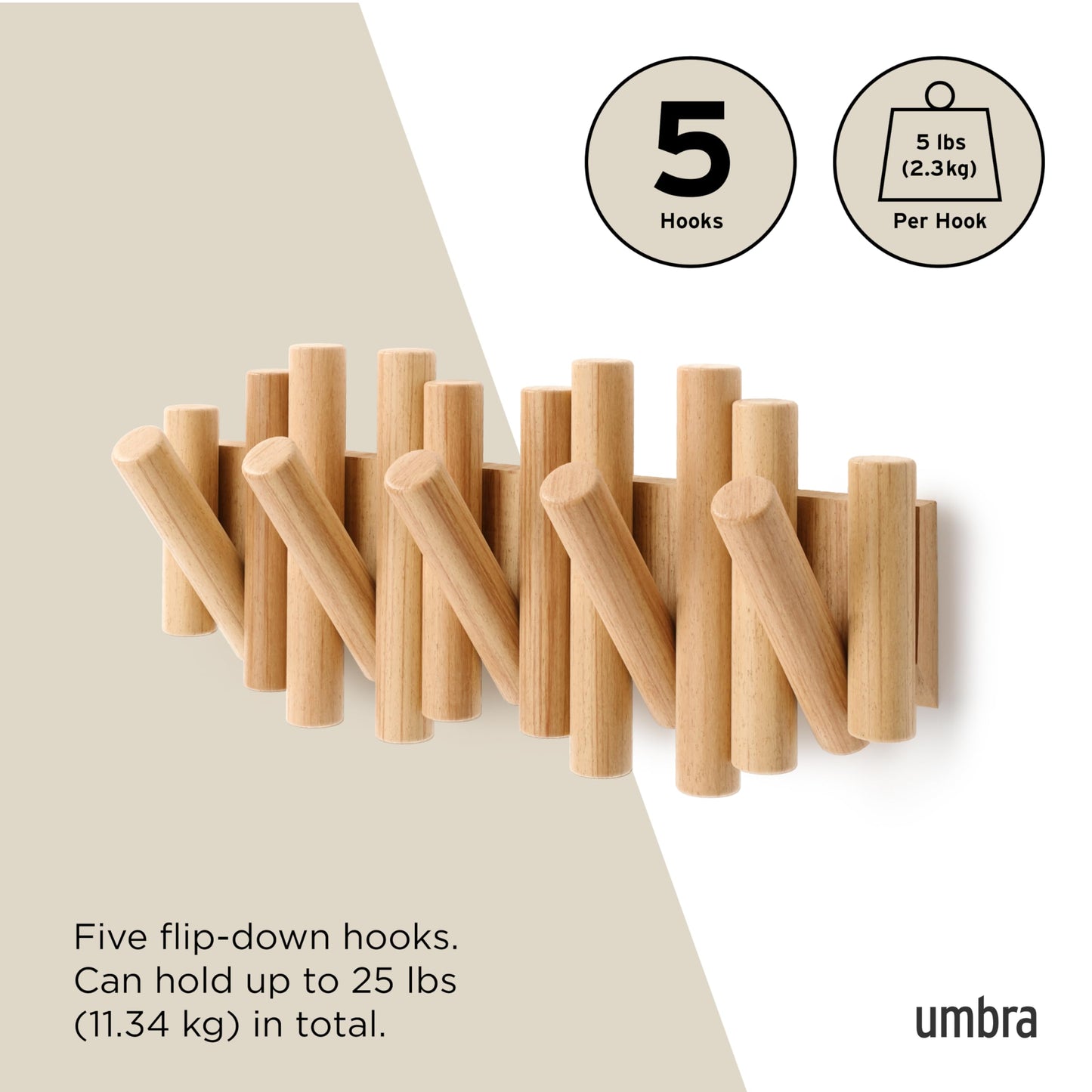 Umbra Picket Coat Rack Wall Mount – 5 Flip-Down Wood Coat Hooks, Modern & Functional Storage, Easy Install Wall Hooks, Natural