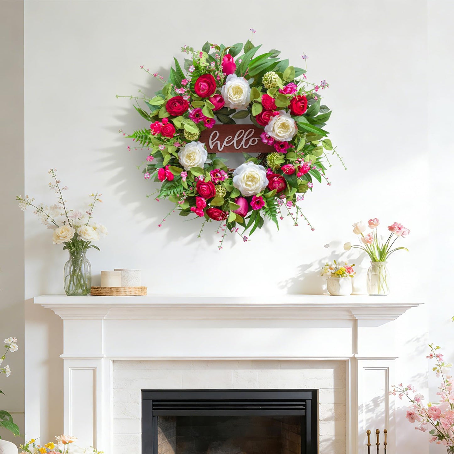 Pinkpuii Spring Wreaths for Front Door Outside– 24 Inch Spring Summer Wreath with Vibrant Pink Peony,Tulip & White Rose Flowers and Hello Wooden Sign,Ideal for Farnhouse Porch,Wall,Window Décor
