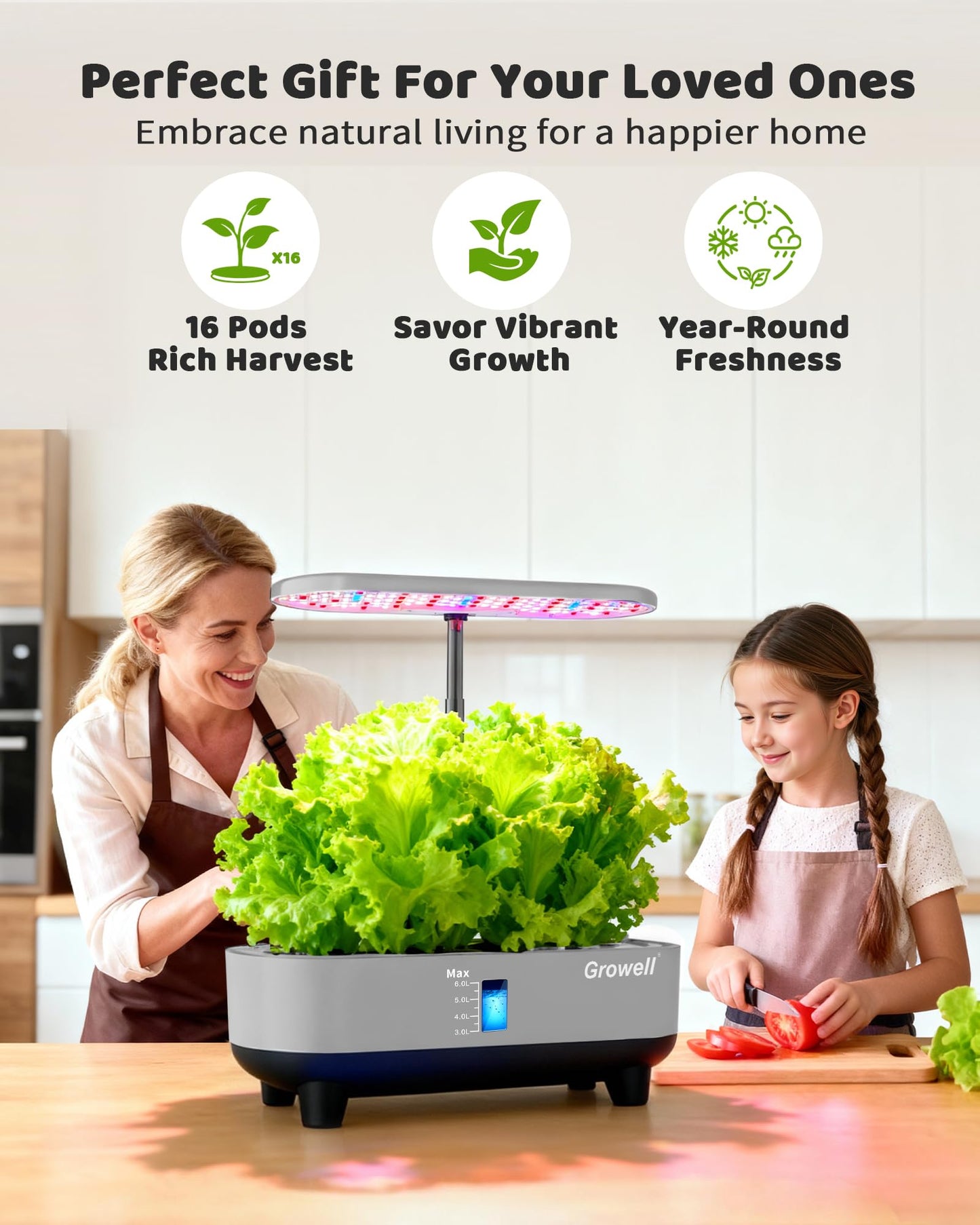 Growell Hydroponics Growing System Kit, 16 Pods, Vertical 8L Indoor Gardening System for Herb Vegetable Fruit, Hydro Garden with LED Grow Light, Smart Water Circulation, 3 Light Modes & 2 Timer, Gray