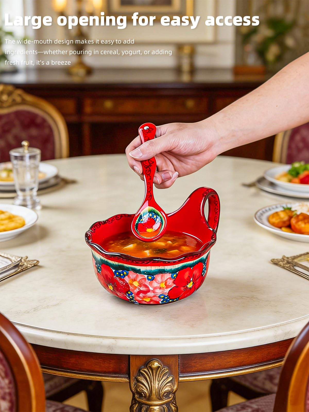 silesia Handmade Ceramic Soup Bowl with Spoon, 30 Oz Hand Painted Bowl with Loop Handle, Floral Design Cereal Bowls for Soup, Ice cream, Snack, Microwave & Dishwasher Safe (Glazed Red)