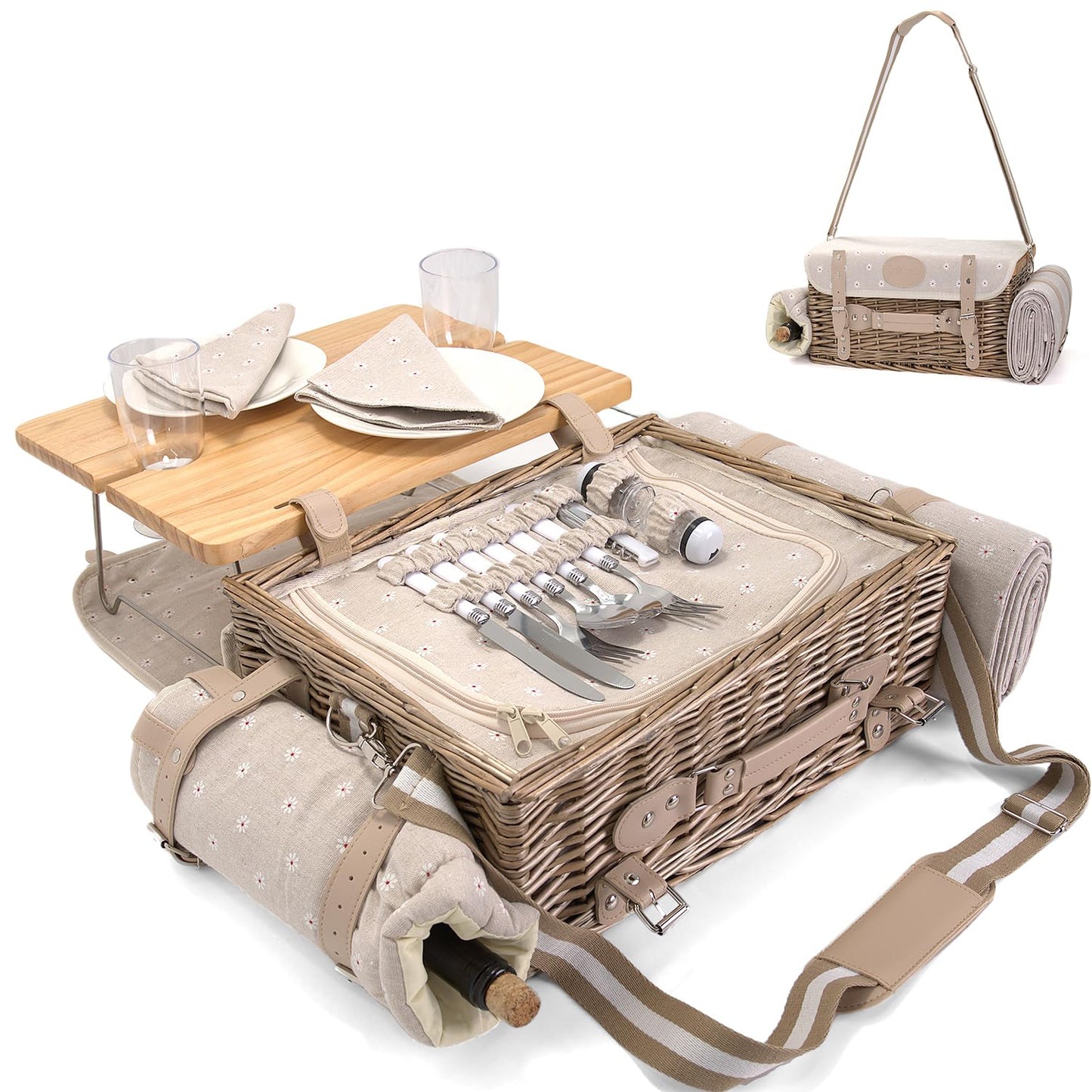 Multifunctional Wicker Picnic Basket Set for 2 with Blanket and Picnic Table, Insulated Picnic Set with Full Tablewares for Camping Outdoor Couples, Flowers