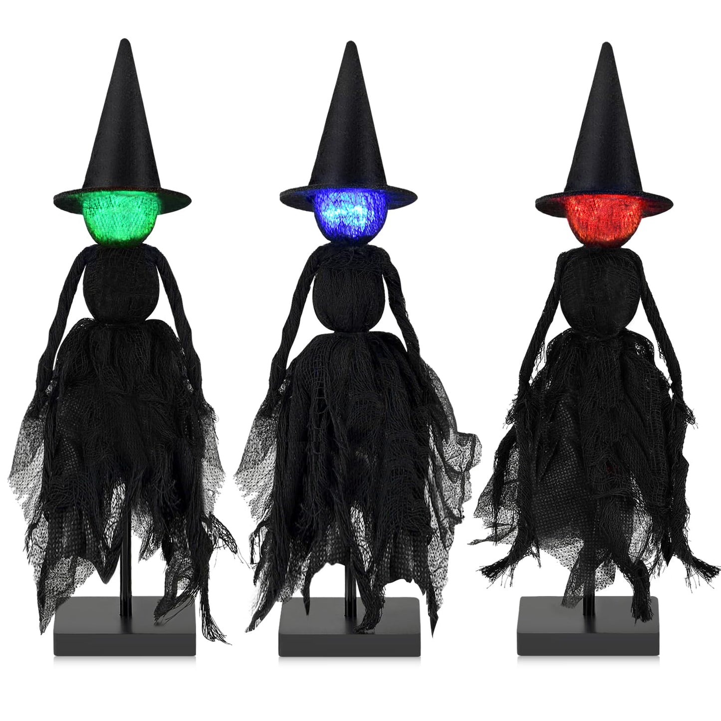 Halloween Decorations Indoor, Set of 3 Lighted Primitive Witch with Hat, Spooky Black Witches Figurines LED Lights Standing Table Decor Scary Table Centerpieces Tiered Tray Decor Shelves Mantels Home
