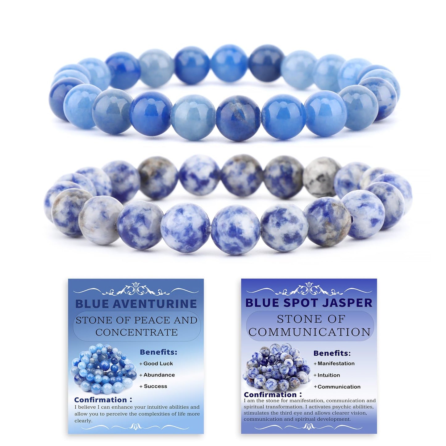 NCB 2-Piece 8mm Natural Crystal Gemstone Stretch Bracelets – ﻿Blue Aventurine, Blue Spot Handmade Reiki Energy Healing Jewelry for Meditation,Yoga, Unisex