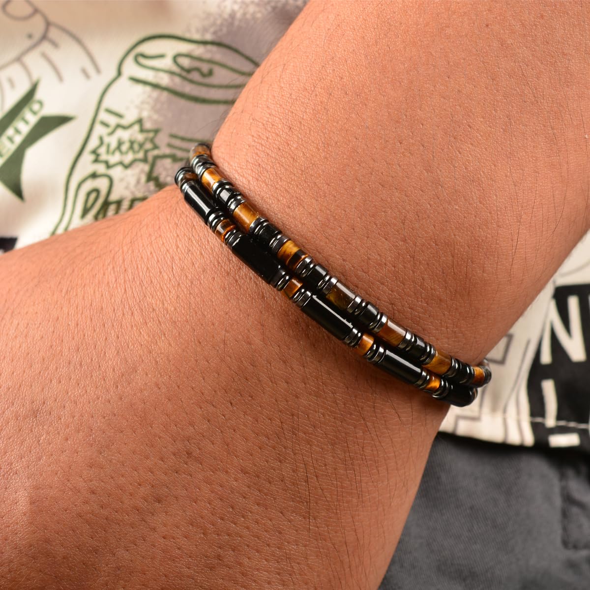 Casvia Men's Black Onyx Hematite Tiger Eye Chakra Beaded Gemstone Bracelet, Handmade Adjustable Dual Clasp 6.89-8.8 Inches, Comfort Fit Everyday Wear, Ideal Gift for Him