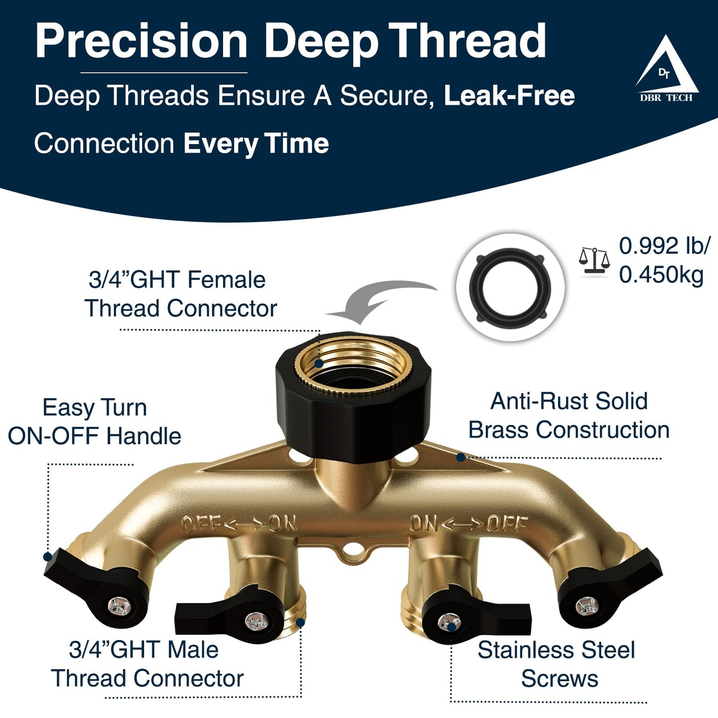 DBR Tech® Heavy Duty 4 Way Hose Splitter (Premium Brass for Superior Durability), Wye Garden Hoses Connector for Water Spigot Faucet Bib Tap, Y Adapter, Rust-Resistant Finish