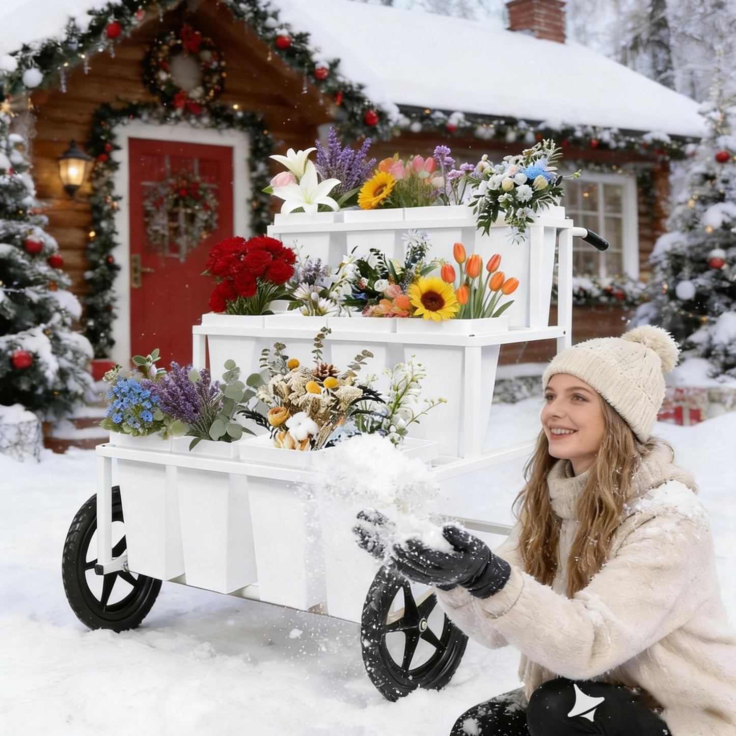 Heavy Duty Flower Cart Display Stand with Large Wheels and Handles, Metal Flower Plant Stand with 12 Buckets, Moving Flower Bouquet Holder for Farmers Market Stand, Flower Bar Supplies for Patio Garden Florist Wedding (White, L33.4*W31.4*H*40.5in)