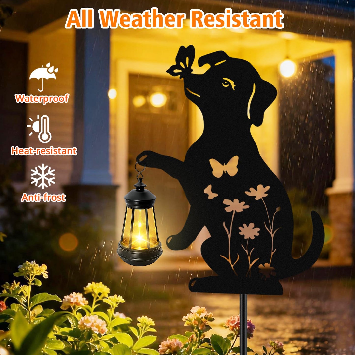Dog Outdoor Solar Lantern Waterproof, Birthday Gifts for Christmas Women Mom, Solar Hanging Lights with Butterfly Metal Figurine, Garden Decor Outside Patio Yard Pathway Backyard Ornaments, 2 Pack