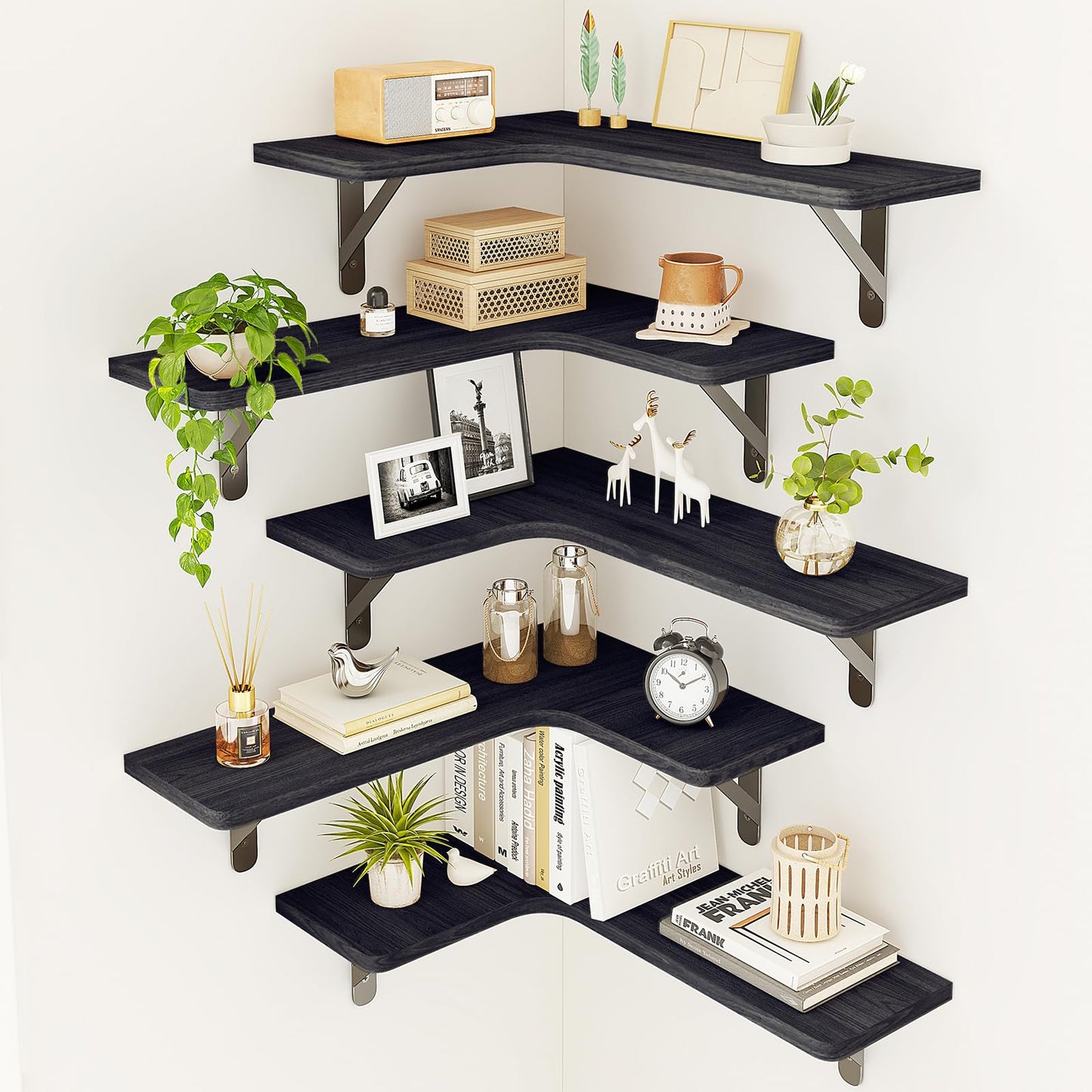 Fixwal Corner Shelves Floating Shelves for Wall Bathroom Kitchen Bedroom Home Decor Laundry Room Living Room Set of 5 (Black)