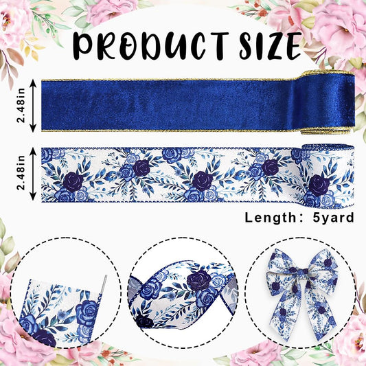 2 Rolls Spring Flowers Ribbons for Wreath Bows, 2.5"×10 Yards Blue Velvet Wired Edge Ribbons White Burlap Blue Rose Craft Ribbons for Crafting Spring Wedding Decorations Supplies